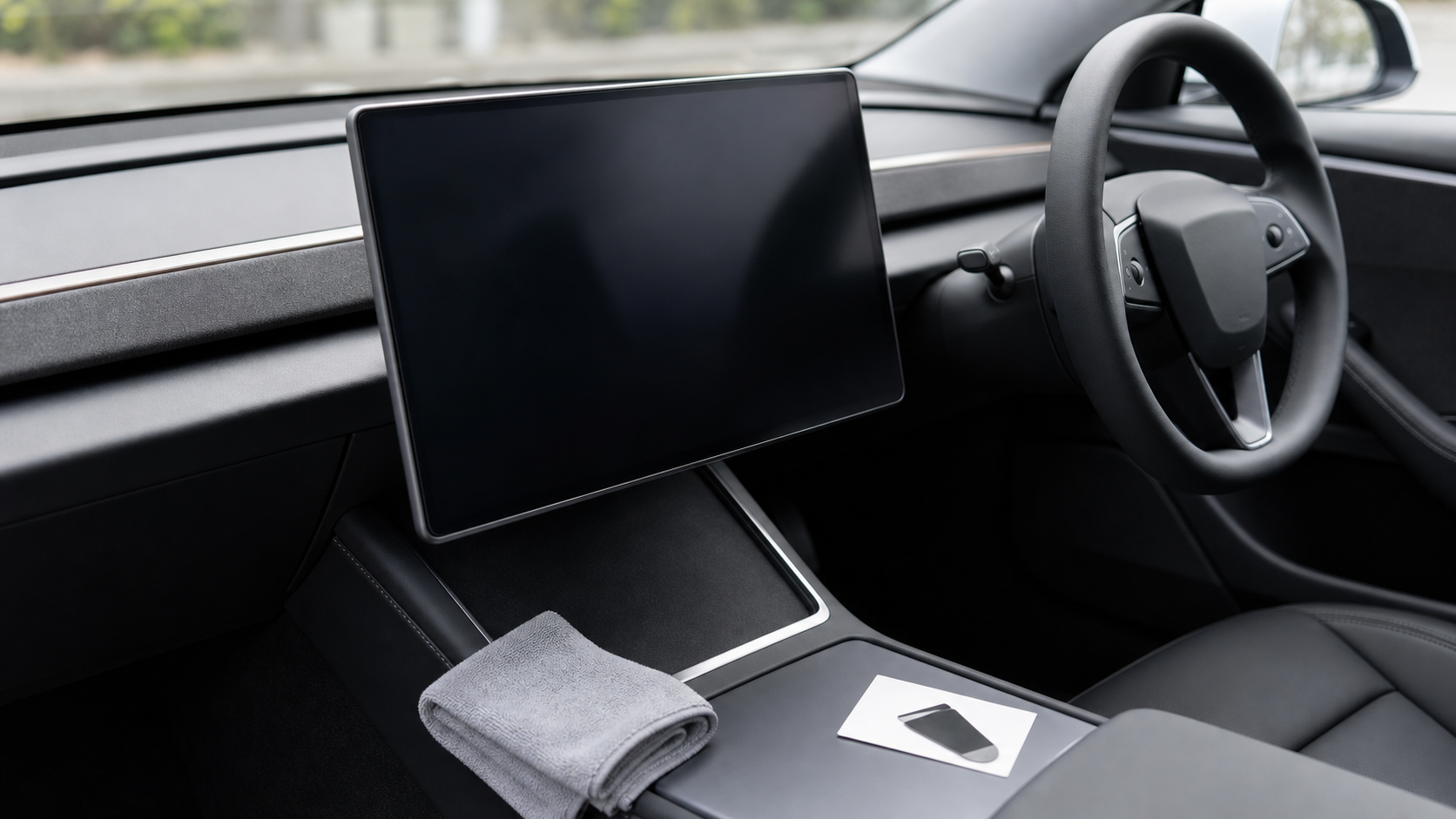 新型Model 3 Highland右ハンドル車内で画面を清掃してフィルム貼り付け準備をするイメージ
