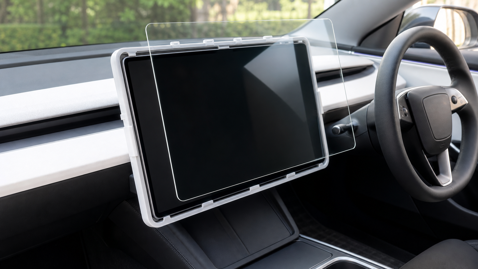 新型Model 3 Highlandの前席センタースクリーンに画面保護フィルムを合わせるイメージ