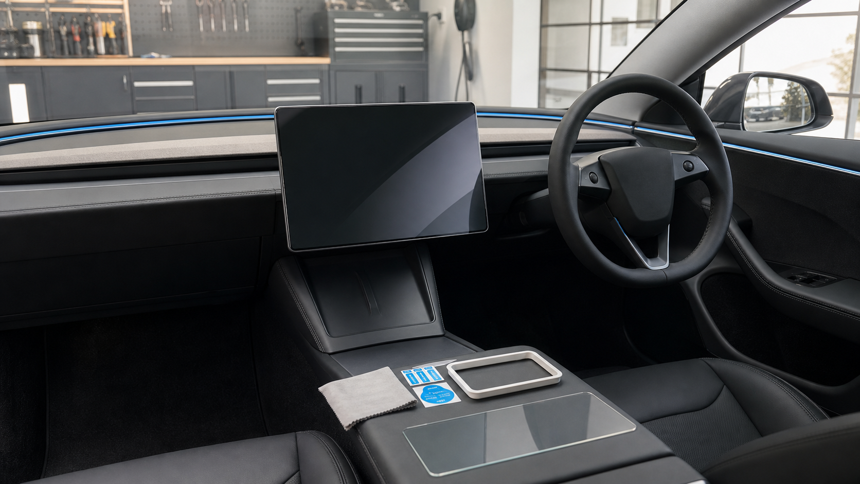 新型Model 3 Highland右ハンドル車内で画面保護フィルムを確認するイメージ