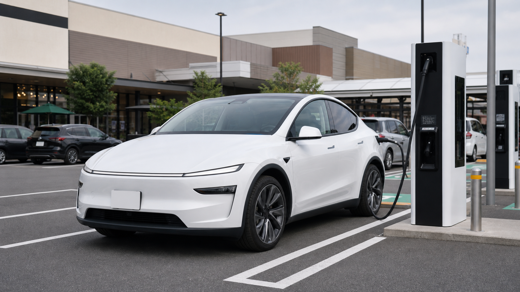 新型モデルYジュニパーを商業施設で急速充電するイメージ