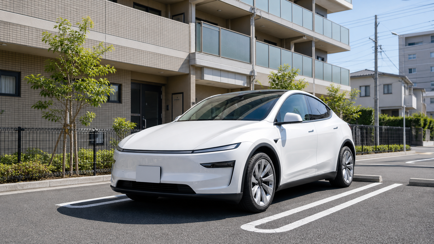 新型モデルYジュニパーと賃貸マンション駐車場のイメージ