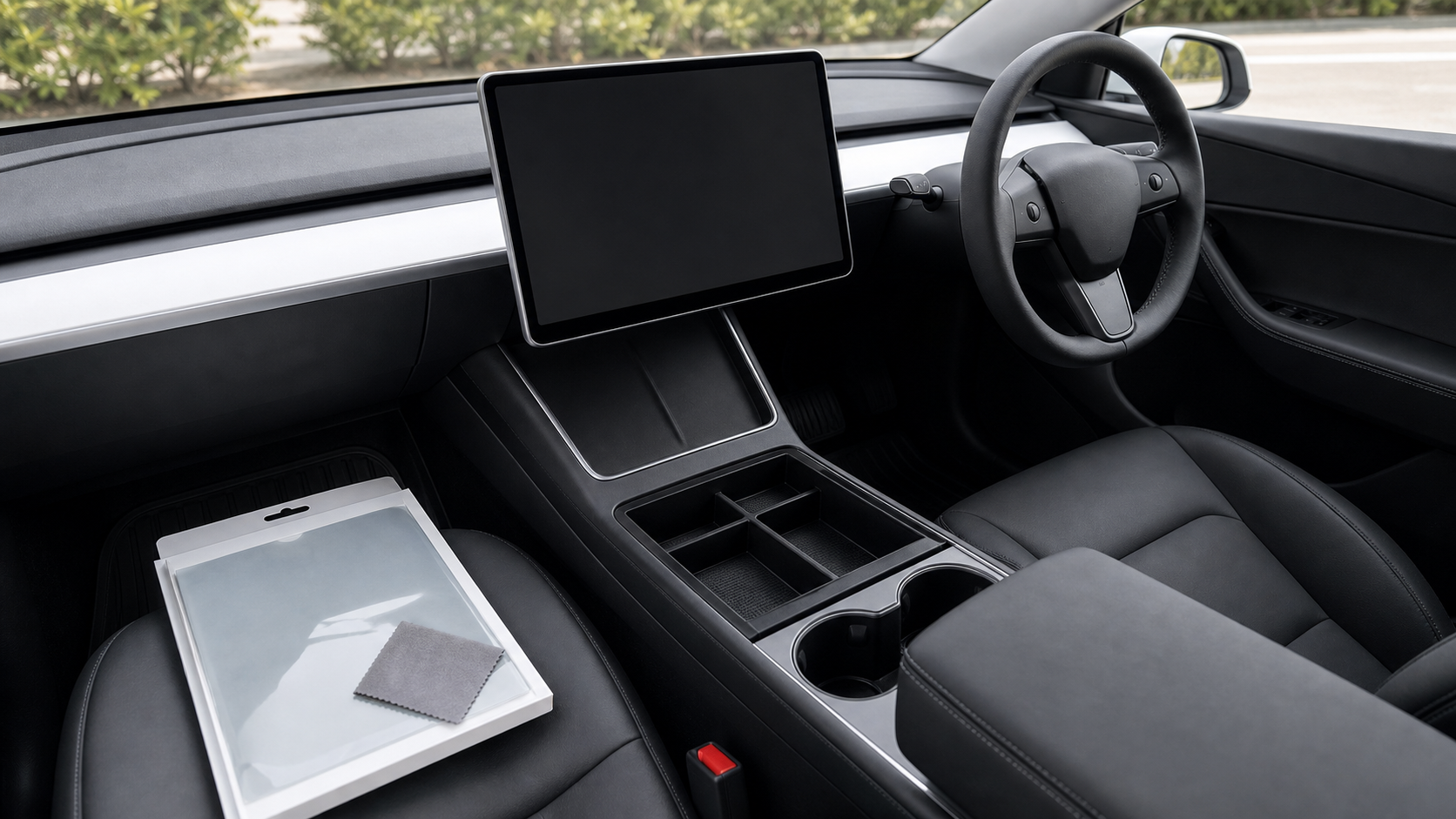 新型Model Y Juniper右ハンドル車内の画面保護フィルムと収納トレーのイメージ