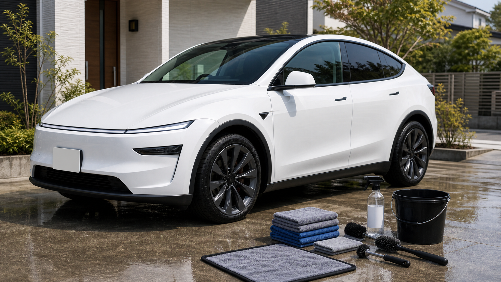 新型Model Y Juniperと洗車メンテナンス用品のイメージ