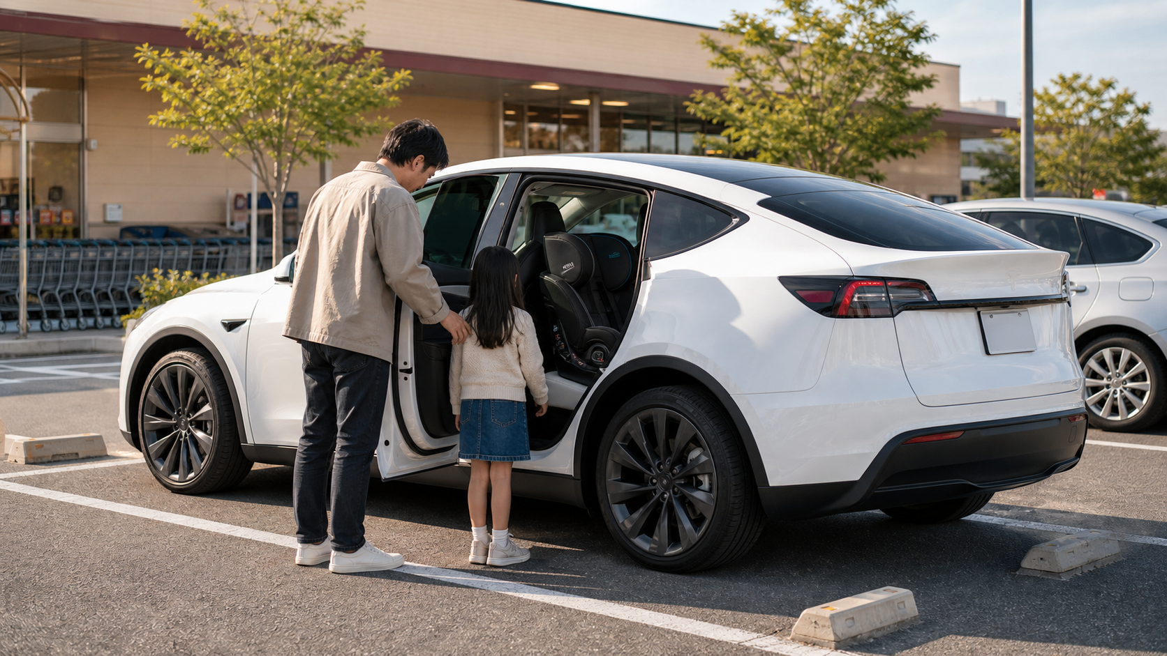 Model Y L風のSUVで子どもの乗り降りとドア開閉を確認するイメージ