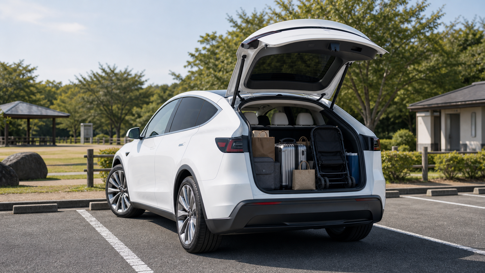 Model Y L風のSUVにベビーカーや旅行荷物を積むイメージ