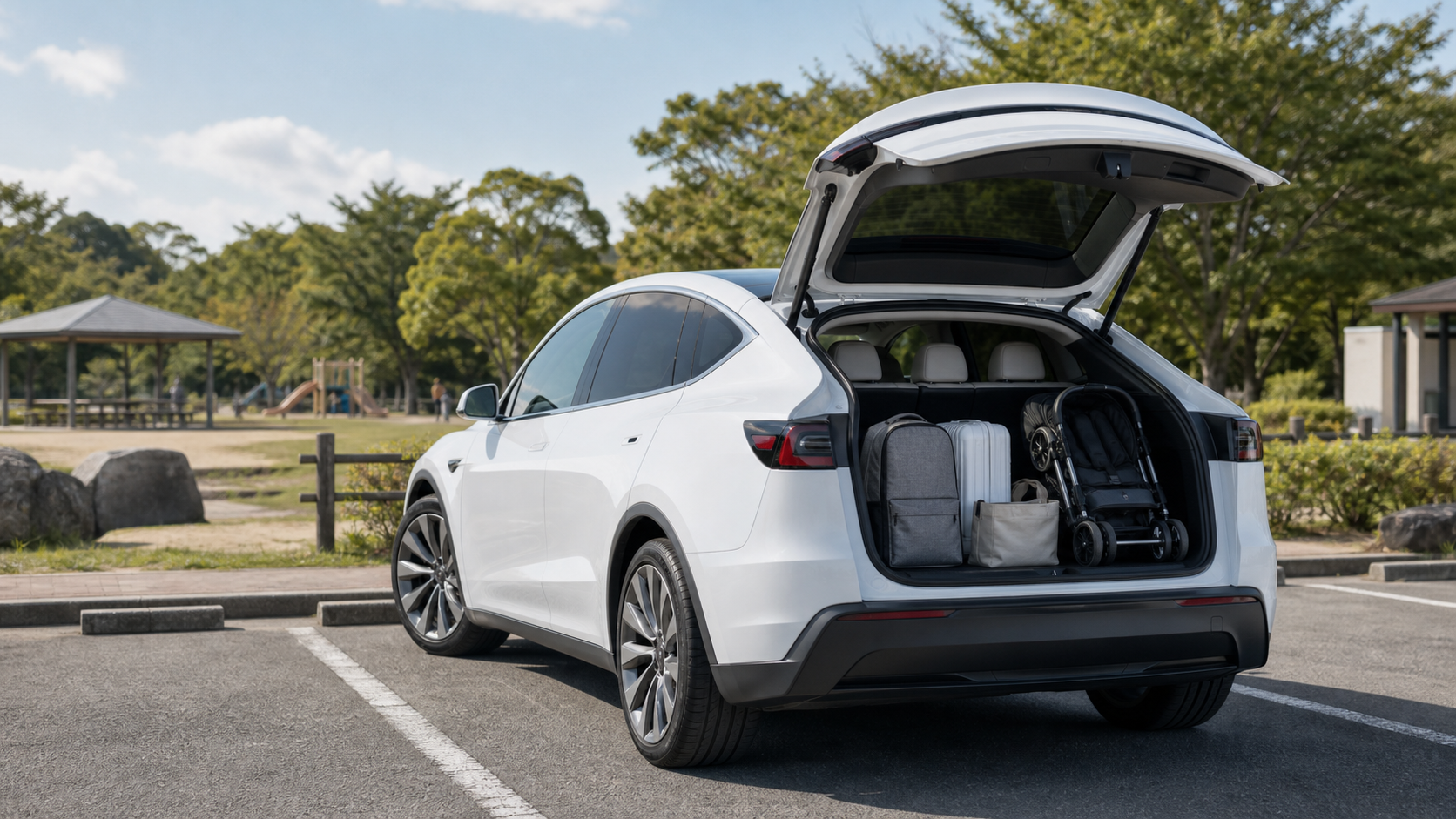 Model Y Lの荷室とファミリー用途をイメージした写真