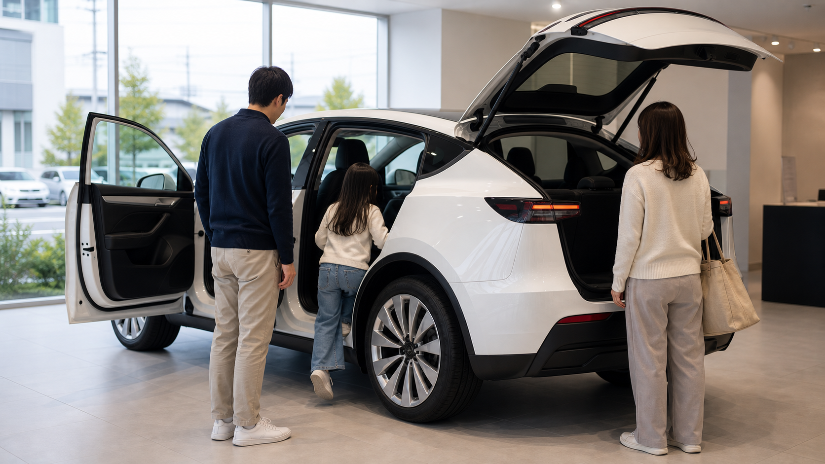 家族でModel Y L風のSUVを試乗前に確認するイメージ