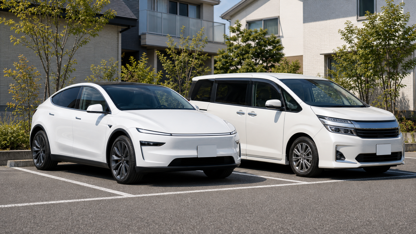 Model Y L風の白い電気SUVと国産ミニバンを並べて比較するイメージ