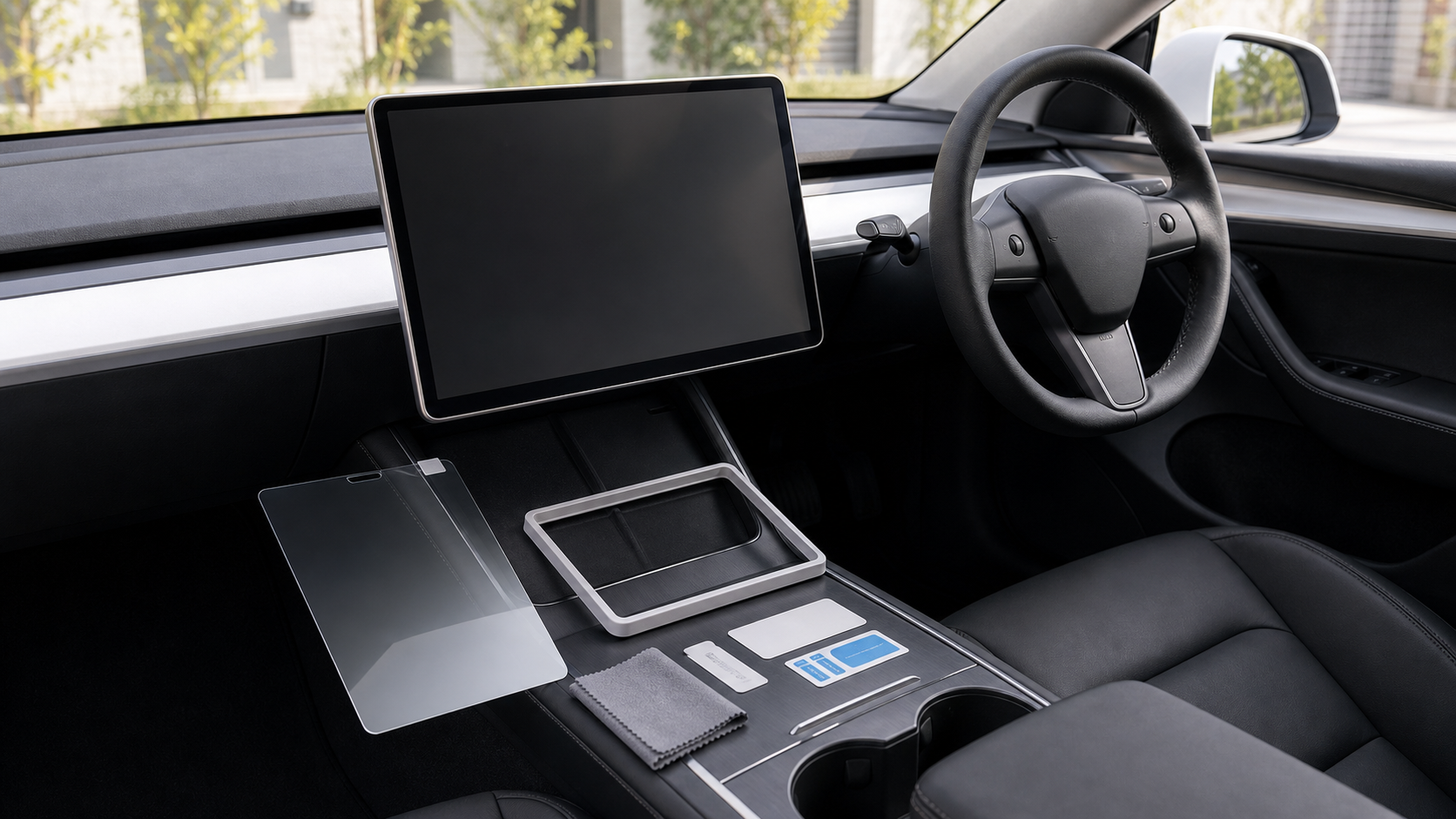 新型Model Y Juniper右ハンドル車内で画面保護フィルムを検討するイメージ