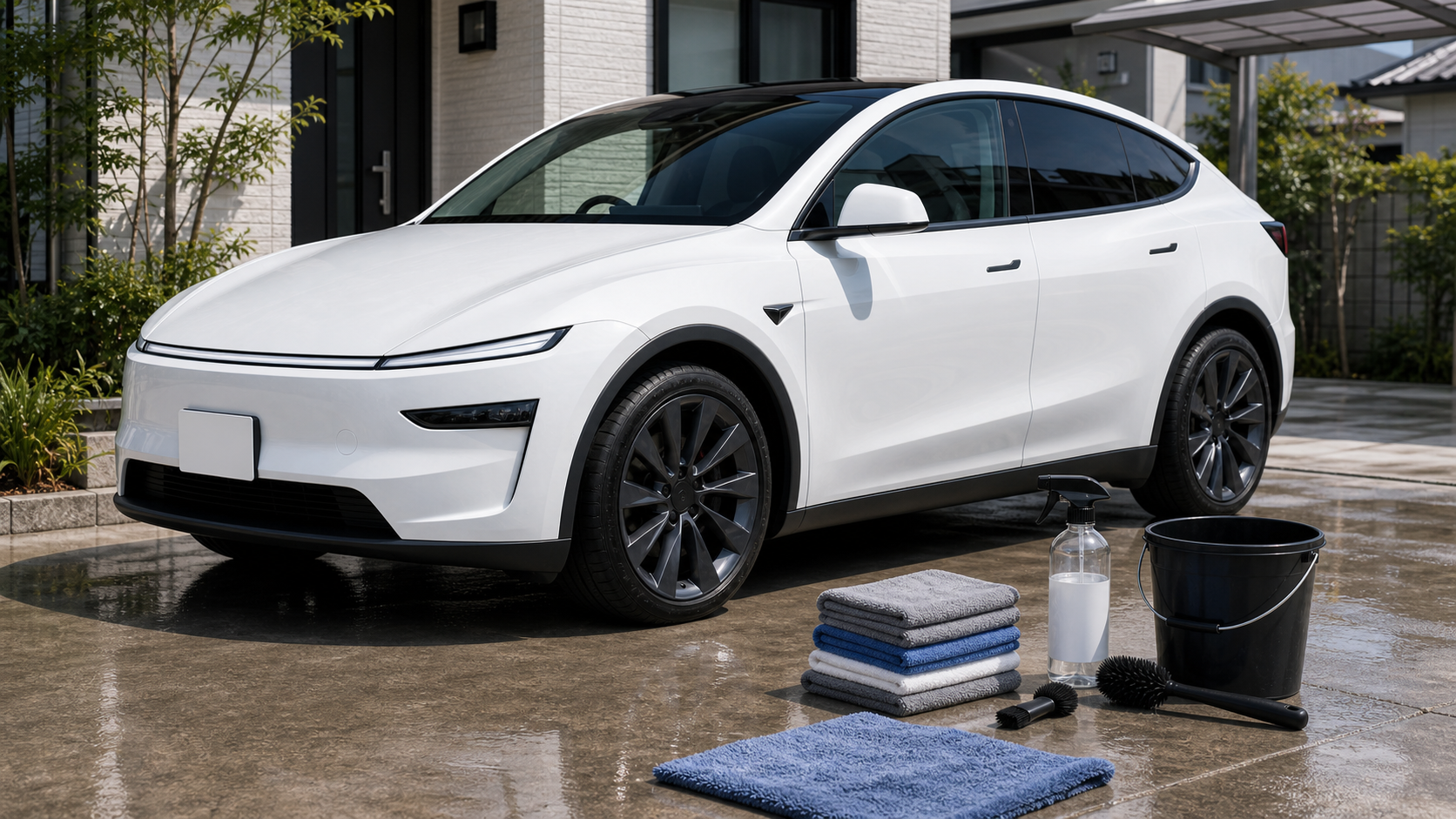 テスラの洗車用品とマイクロファイバークロスのイメージ