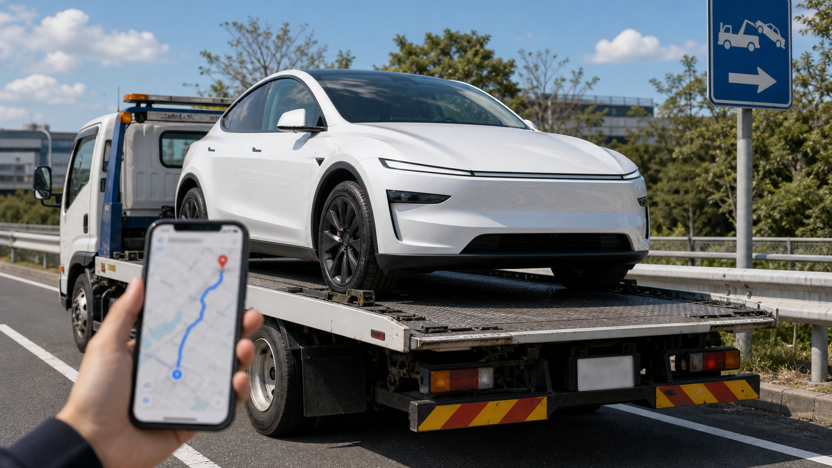 新型Model Yを積載車で搬送するロードサービスのイメージ