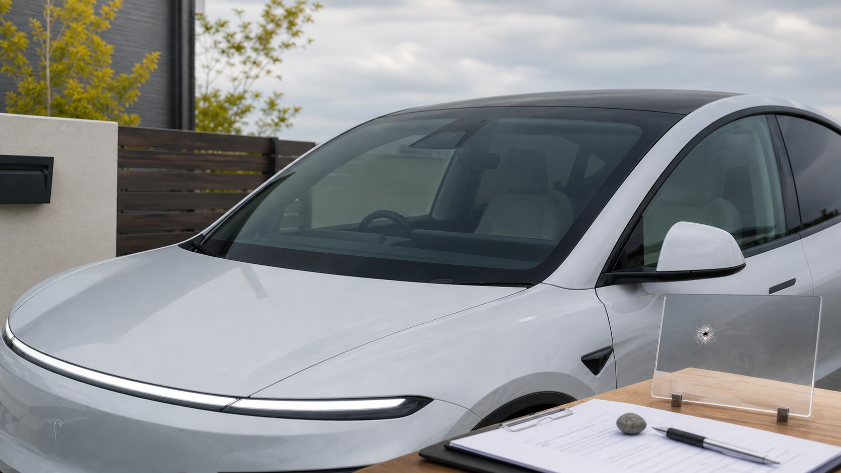 新型Model Yのガラスと飛び石リスクを車両保険で確認するイメージ