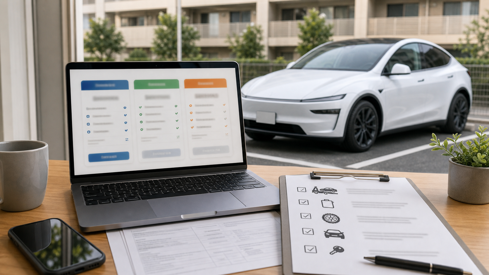 テスラ自動車保険のロードサービス条件を複数社で比較するイメージ