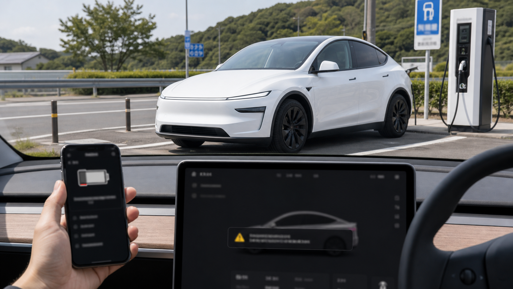 新型Model Yでバッテリー残量低下時のロードサービスを確認するイメージ
