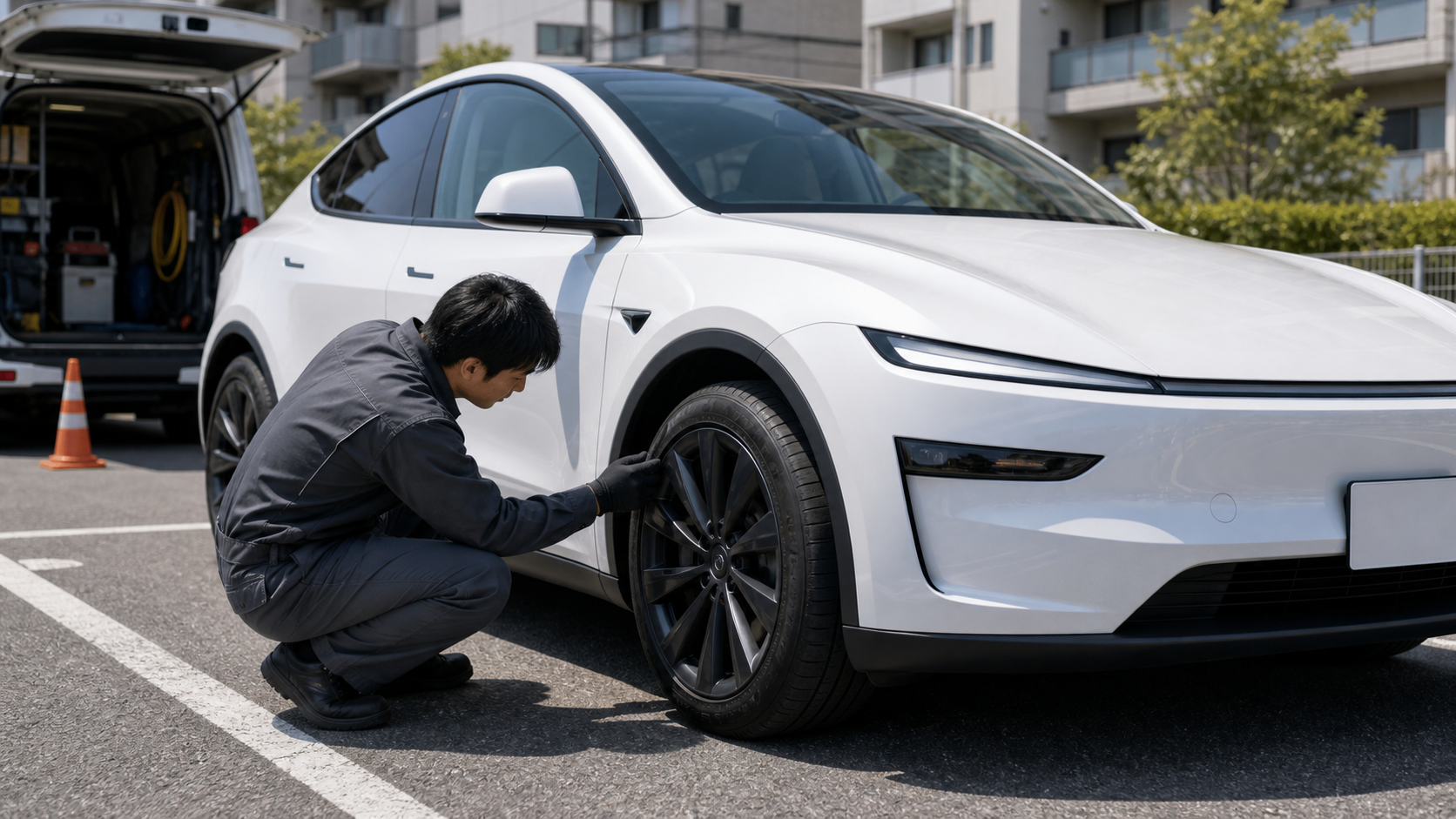 新型Model Yのタイヤトラブルをロードサービスで確認するイメージ