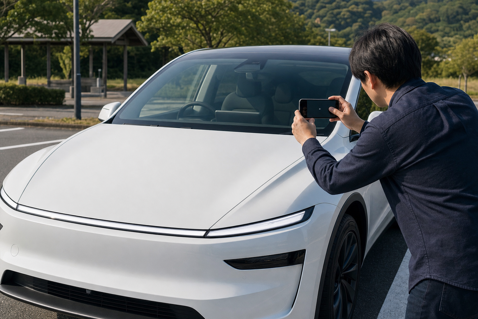 新型Model Yの飛び石キズをスマートフォンで記録するイメージ