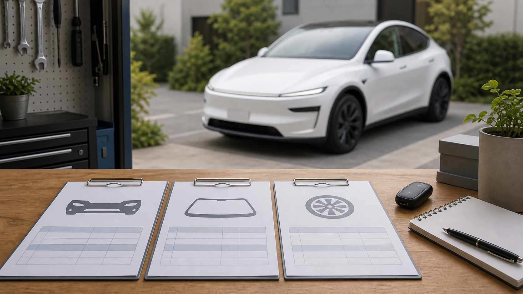 テスラのバンパーやガラスやホイール修理を比較するイメージ