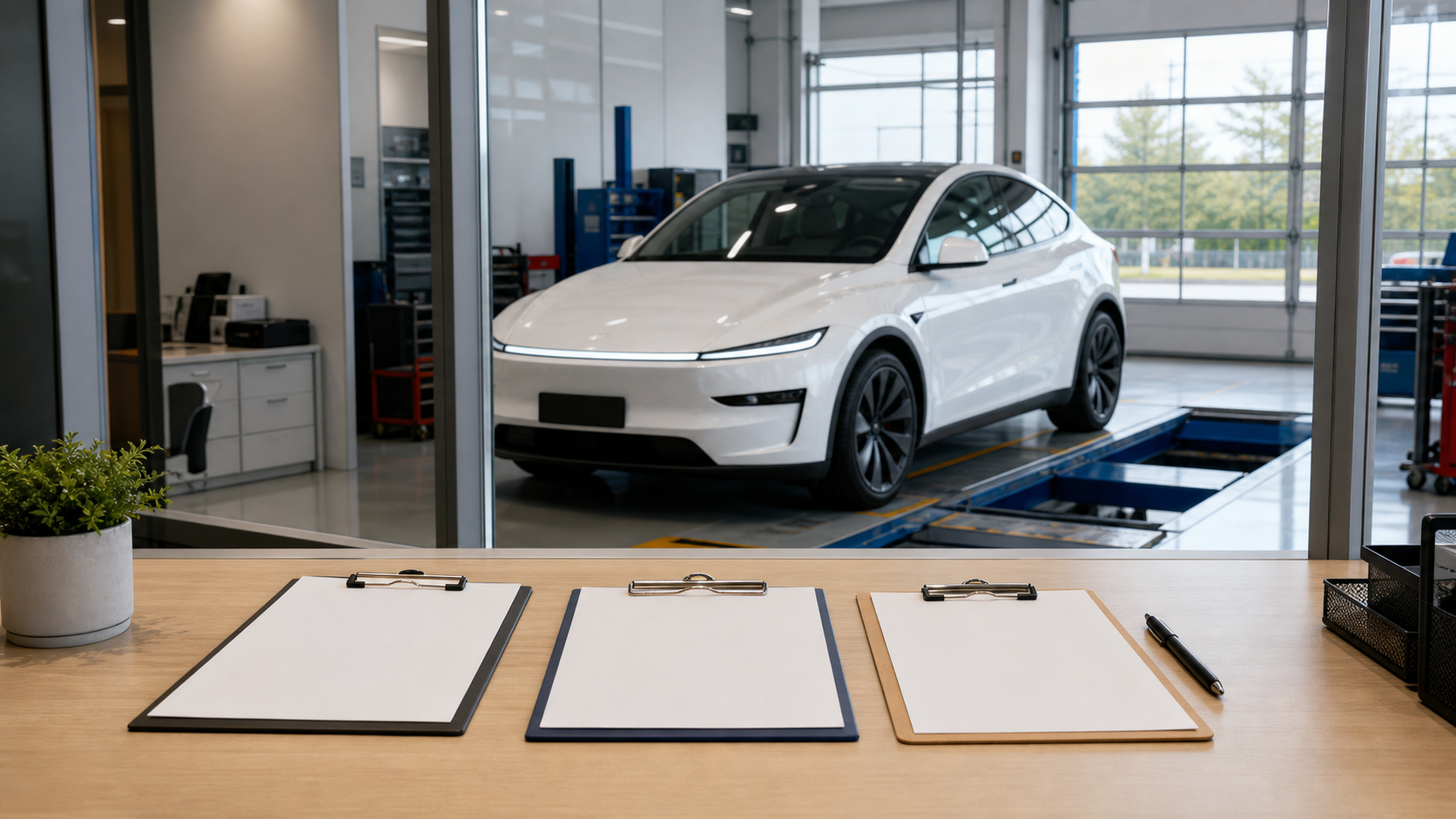 テスラの車検を依頼する整備工場を比較するイメージ