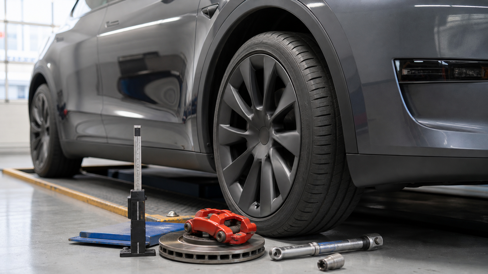 テスラのタイヤとブレーキを車検前に点検するイメージ
