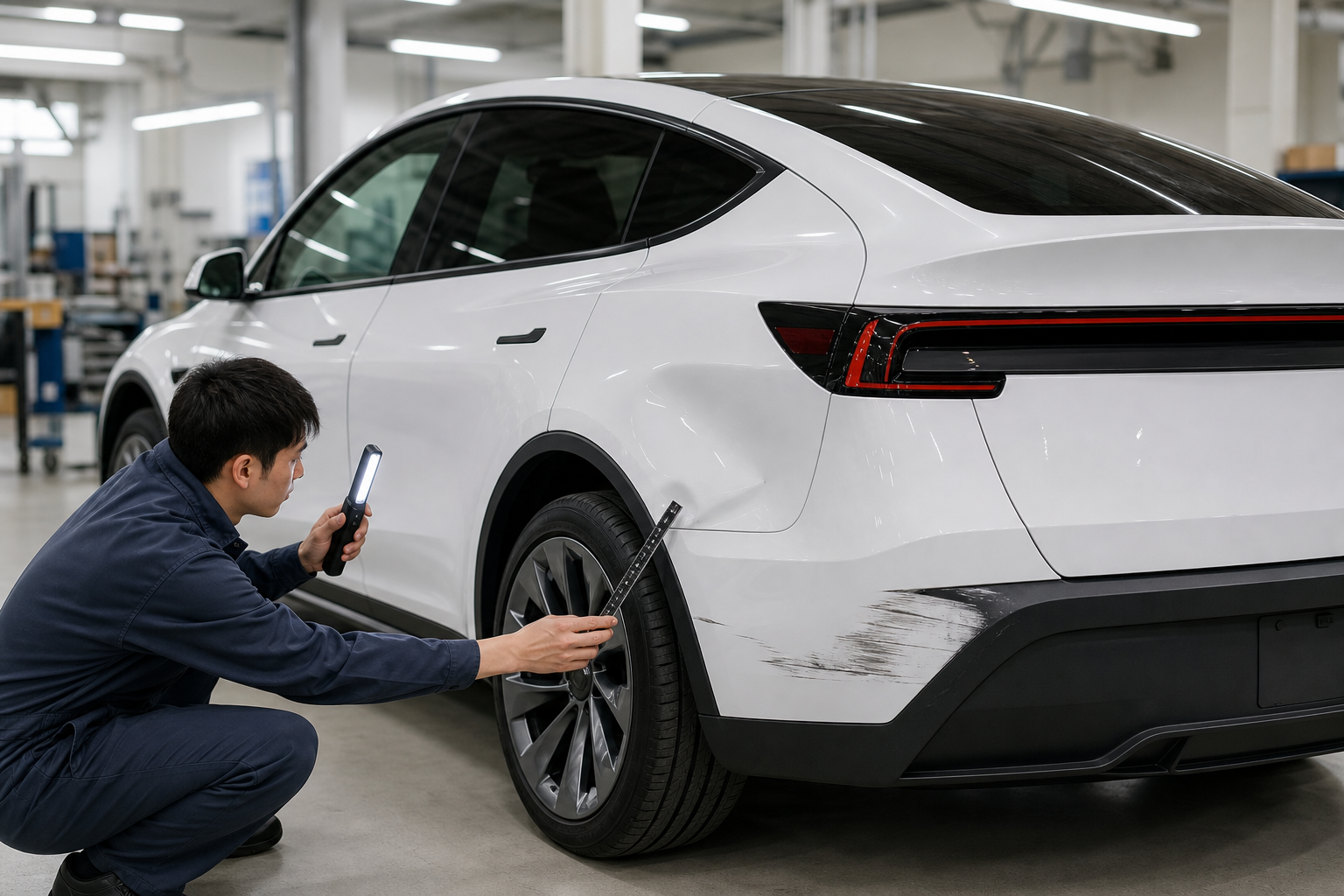 修理工場で新型Model Yのバンパーとボディのキズを点検する様子