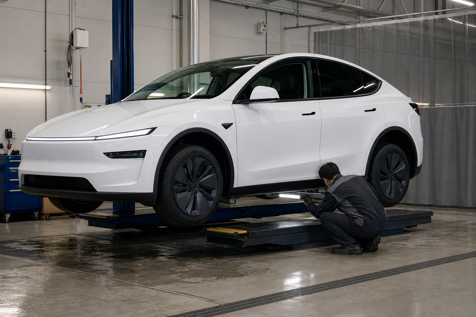 整備工場で新型Model Yの水没による影響を点検する様子