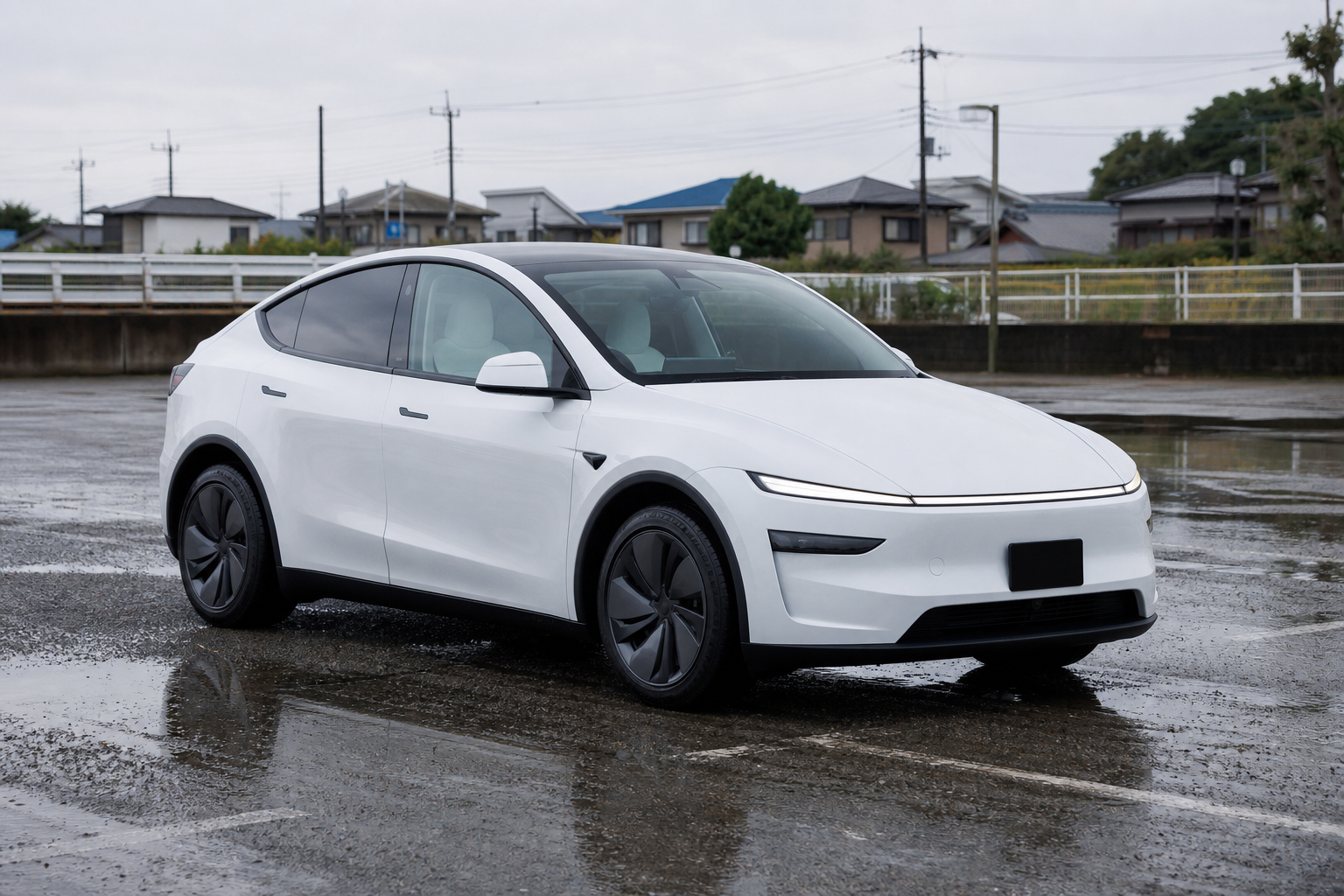 豪雨後の濡れた駐車場に停車する新型Model Yの様子