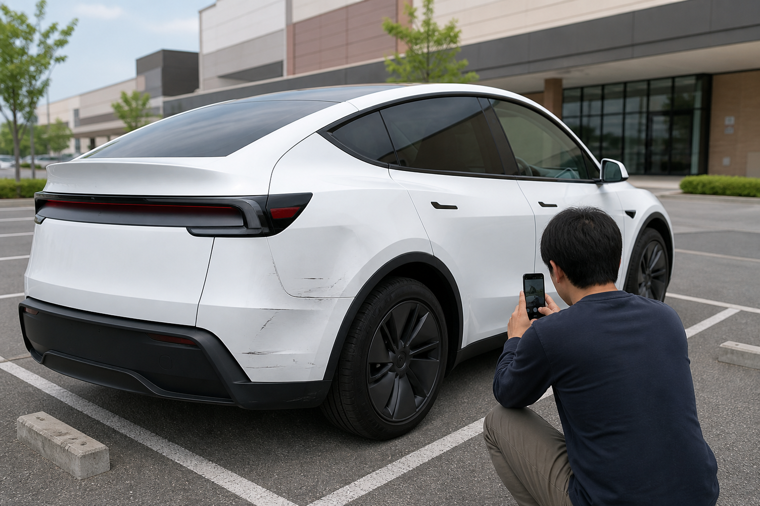 駐車場で新型Model Yの当て逃げキズをスマートフォンで記録する様子