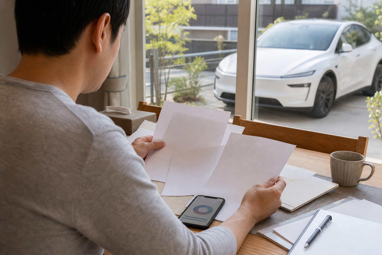 新型Model Yを見ながら車両保険の補償条件を比較する様子