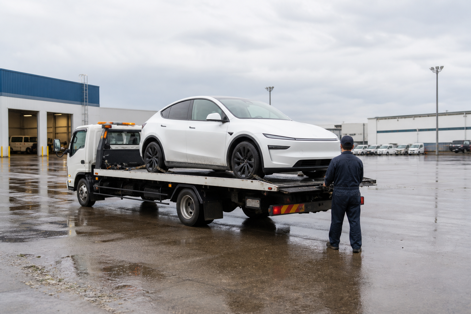 水没の疑いがある新型Model Yを安全にレッカー搬送する様子