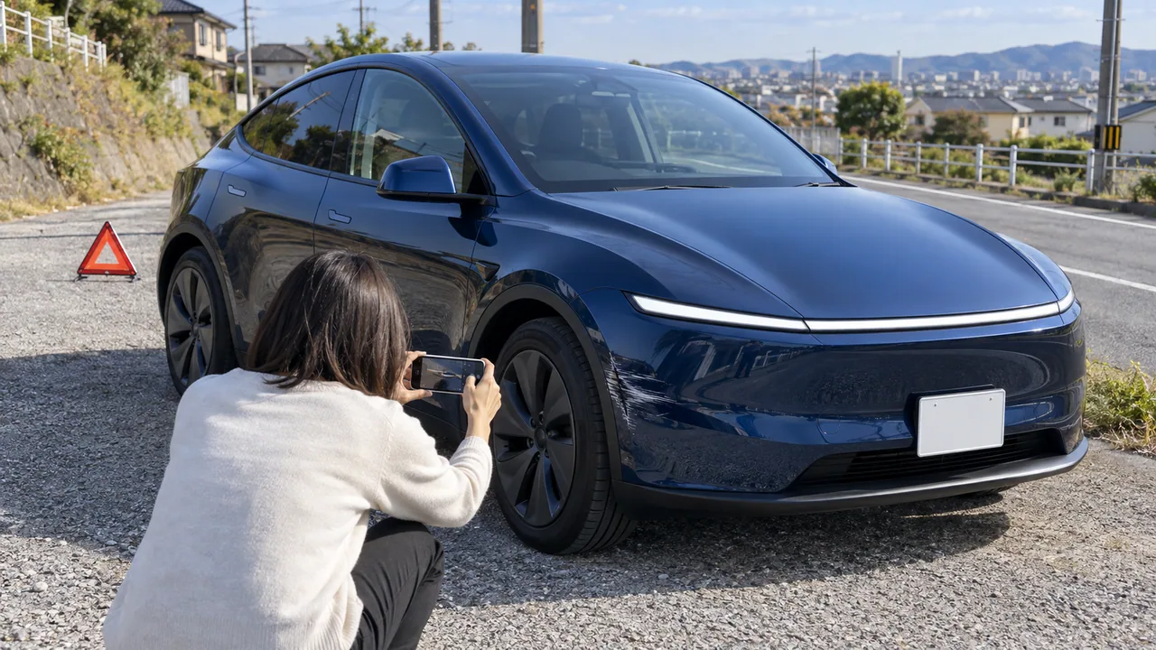 事故後に安全な場所で新型モデルYの損傷を撮影する様子