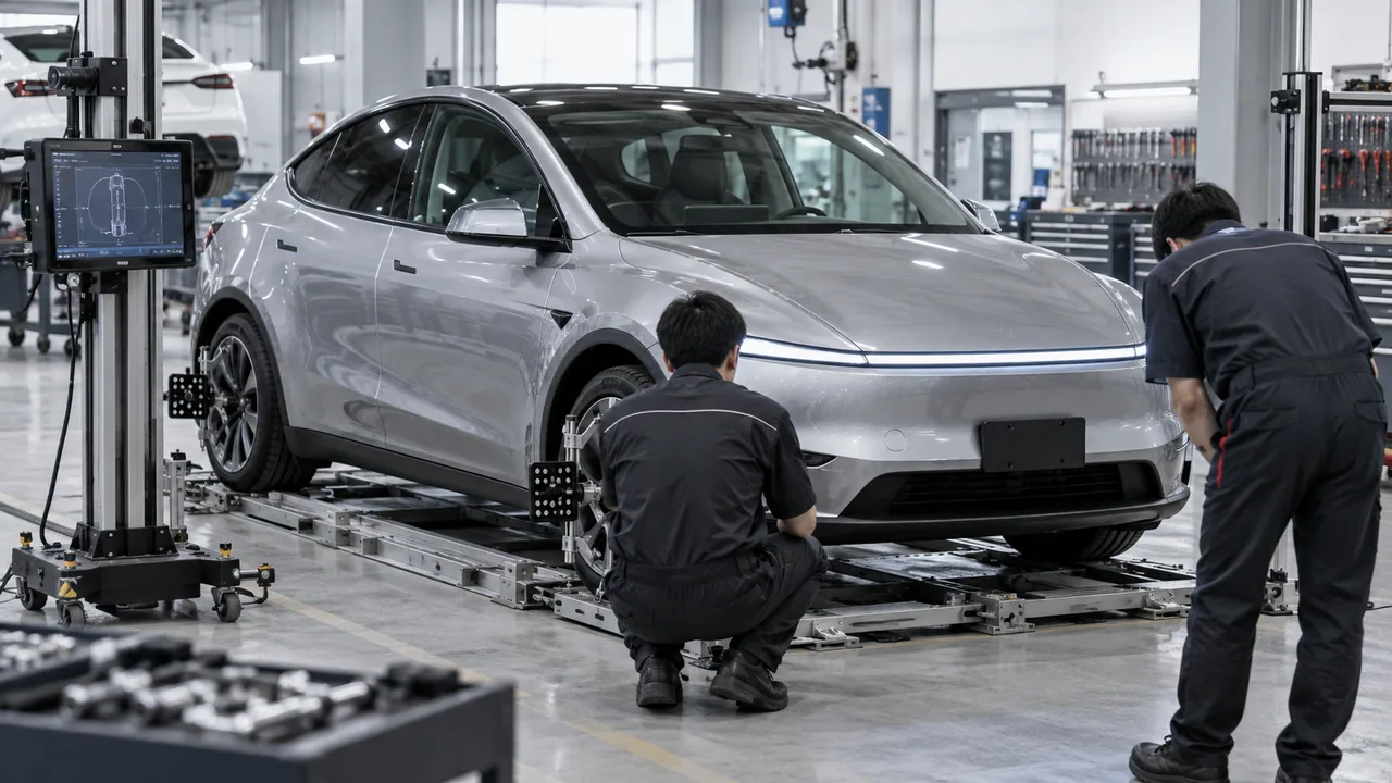 修理工場で新型モデルYの車体を点検する整備士