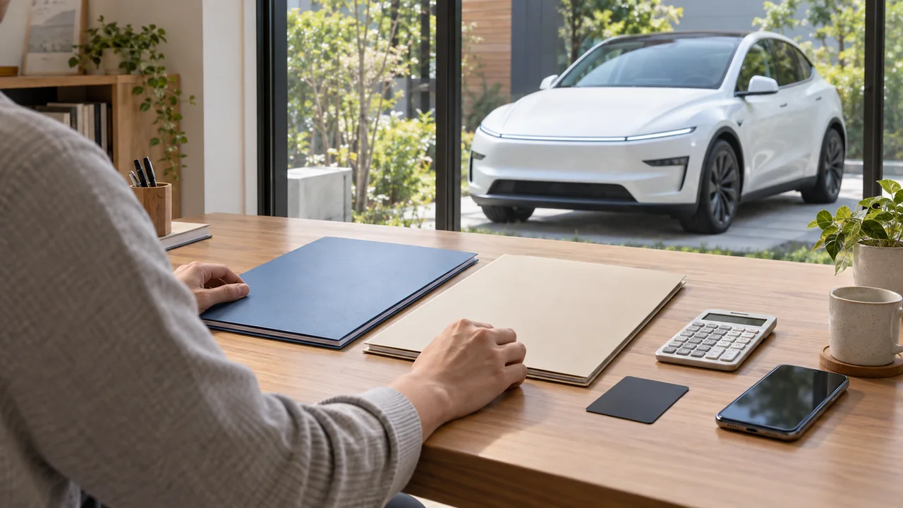 新型モデルYを所有する人が一般型とエコノミー型の保険資料を比較する様子