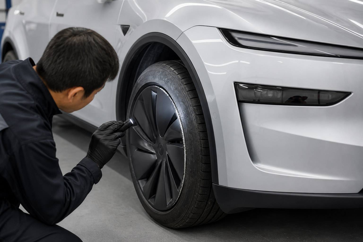 縁石で傷ついた新型モデルYのホイールとタイヤを点検する整備士
