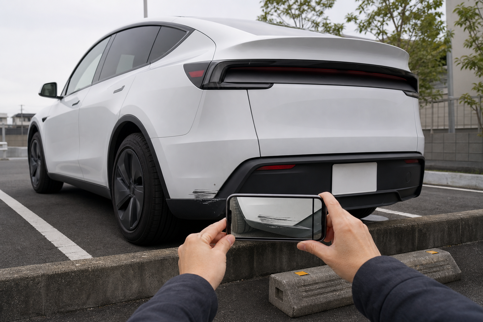 新型モデルYの自損事故による傷をスマートフォンで記録する様子