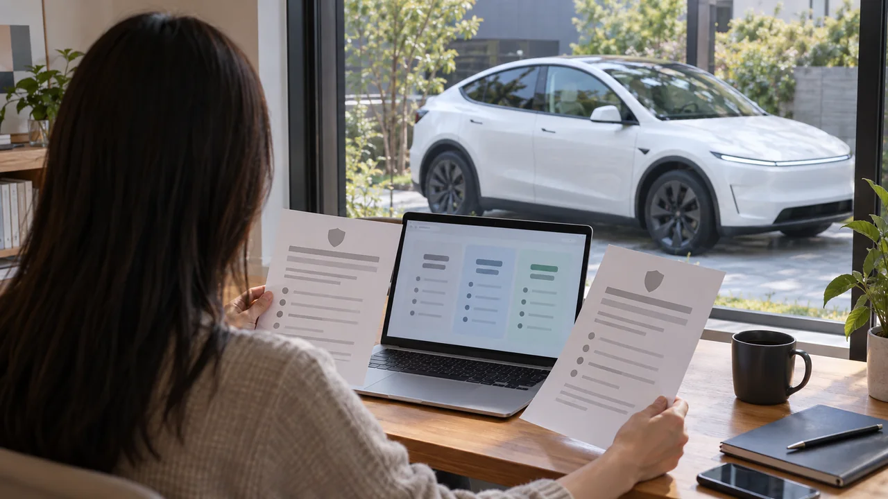 新型モデルYを所有する人がInsureMyTeslaと自動車保険を比較する様子