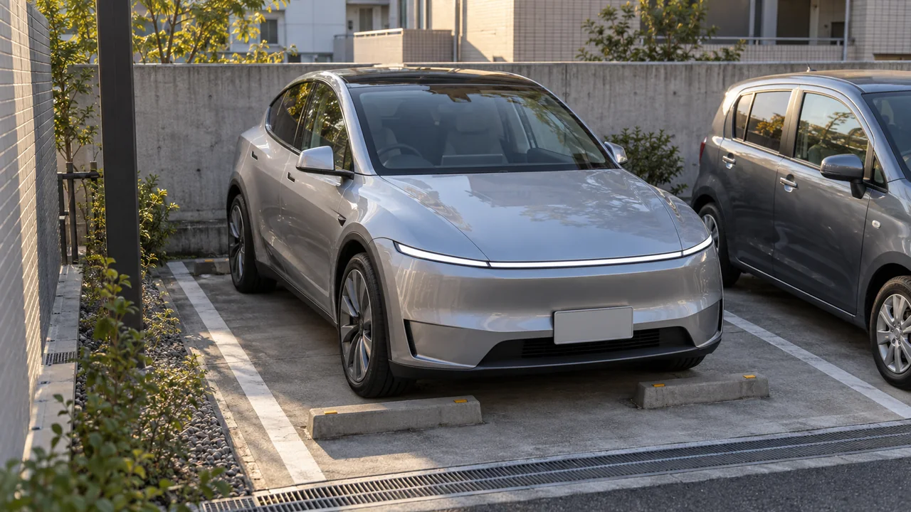 新型モデルYを幅の狭い集合住宅の駐車場に停めた様子