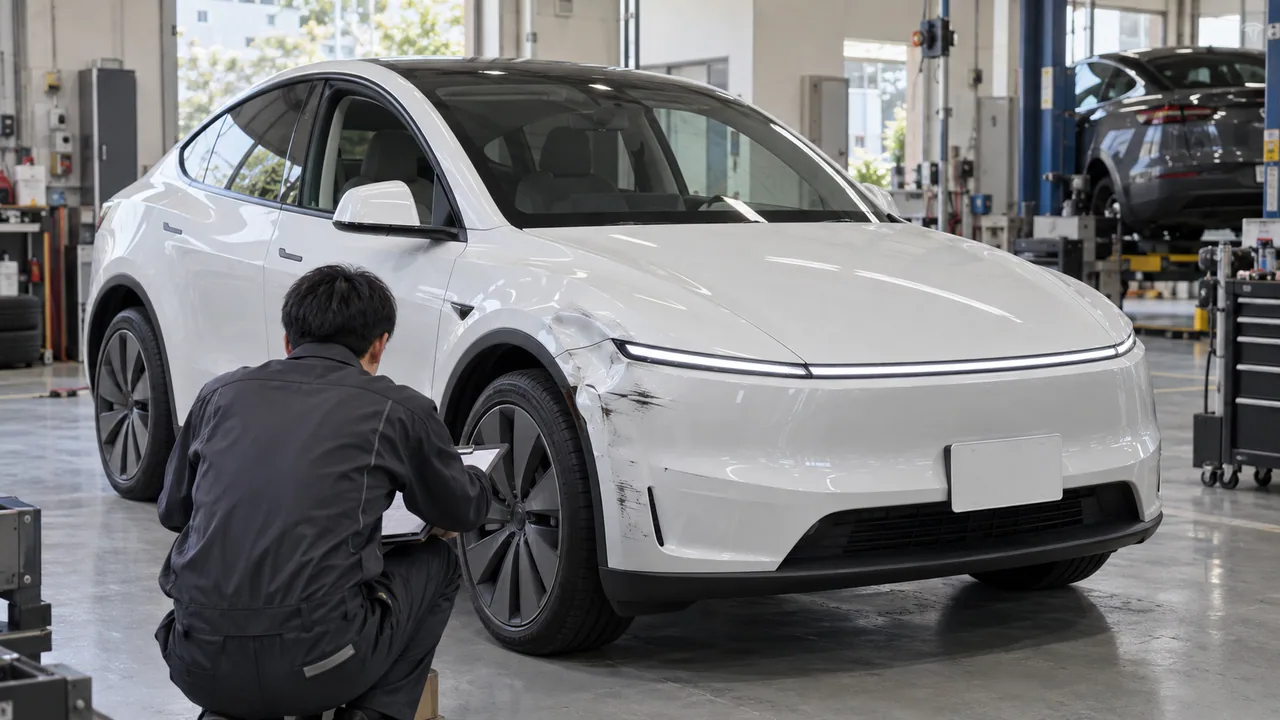 事故で損傷した新型モデルYを修理工場で点検する様子