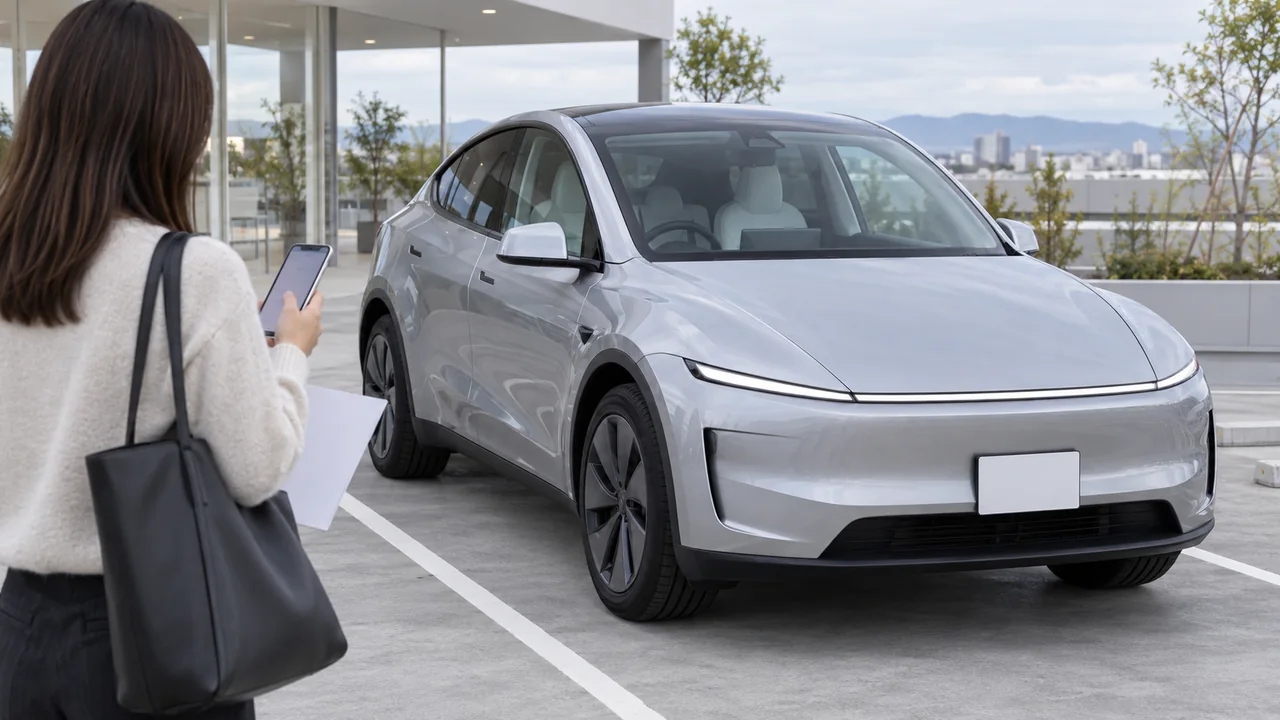 新型モデルYの納車前にスマートフォンで保険を見積もる様子