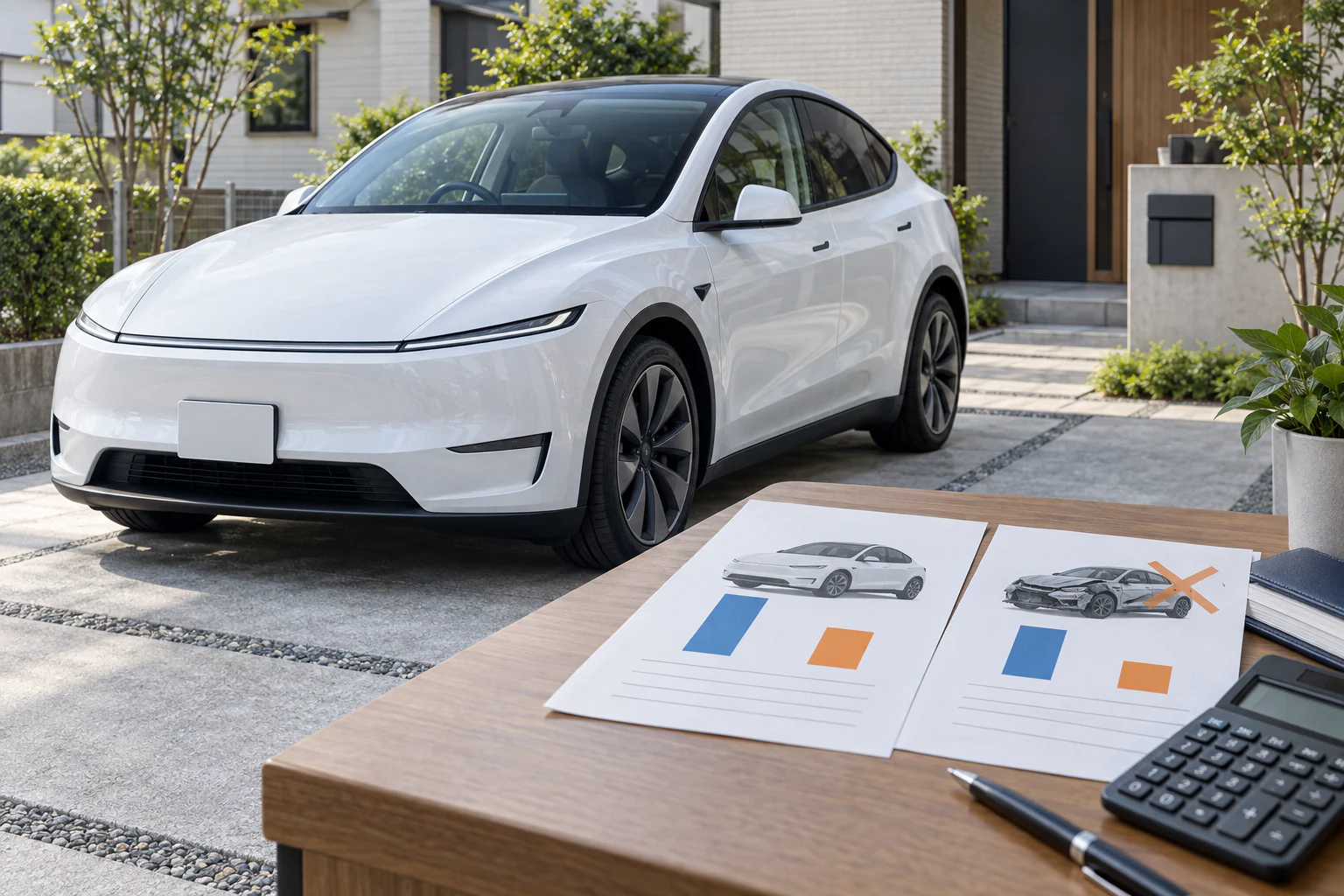 新型モデルYと車両保険の書類を並べて車両保険金額を確認するイメージ